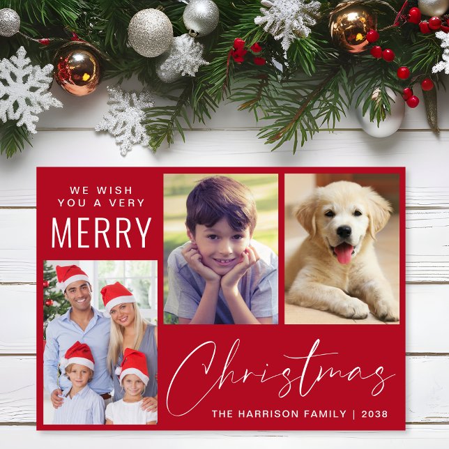 Cartão De Festividades Feliz Natal 3 Foto - Script Vermelho (This holiday season, let your family's smiles and heartwarming memories shine on our 3 photo card)