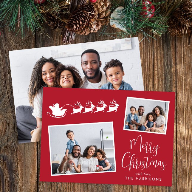 Cartão De Festividades Feliz Natal 3 Papais noeis Fotográficos Sleigh (Share the love and warmth of the holiday season with this personalized photo Christmas card)