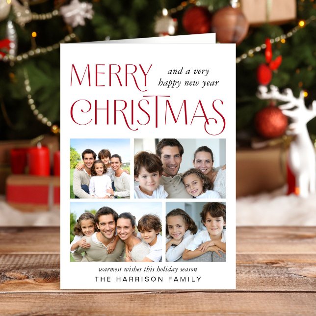 Cartão De Festividades Feliz Natal 4 Foto (This holiday season, let your family's smiles and heartwarming memories shine on our 4 photo card)
