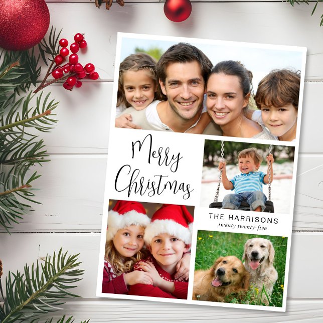 Cartão De Festividades Feliz Natal 4 Foto (This holiday season, let your family's smiles and heartwarming memories shine on our 3 photo card)