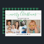 Cartão De Festividades Feliz Natal 4 Foto Collage Xadrez Verde<br><div class="desc">Cartão com fotos de férias moderno e moderno para compartilhar suas saudações sazonais. Personalize com 4 fotos da família favorita. Você tem um padrão clássico de xadrez verde ao contrário.</div>
