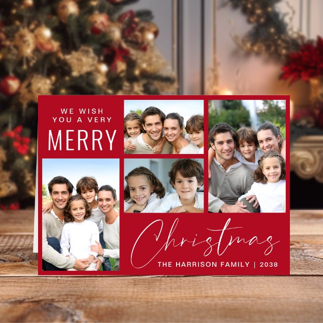 Cartão De Festividades Feliz Natal 4 Foto - Script Vermelho (This holiday season, let your family's smiles and heartwarming memories shine on our 4 photo card)