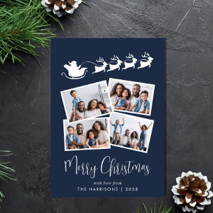 Cartão De Festividades Feliz Natal 4 Foto Trenó do Papai Noel Azul