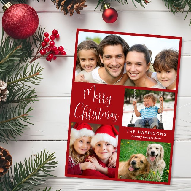 Cartão De Festividades Feliz Natal 4 Foto Vermelho (Share the love and warmth of the season with your personalized photo Christmas card)