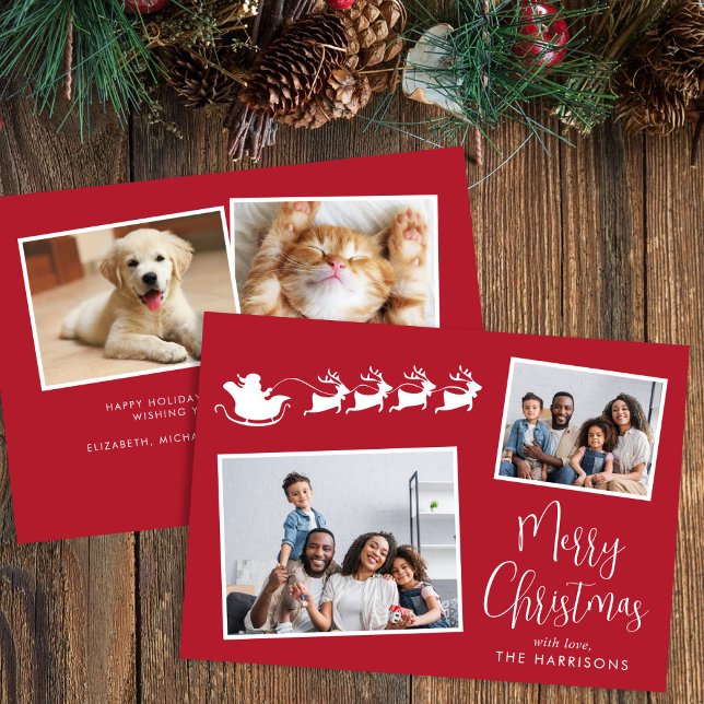 Cartão De Festividades Feliz Natal 4 Papais noeis Fotográficos Sleigh (Share the love and warmth of the holiday season with this personalized photo Christmas card)