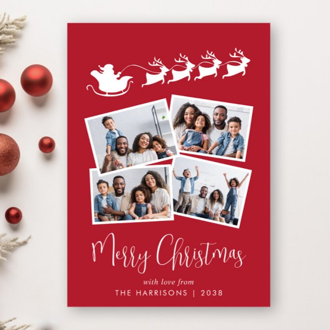 Cartão De Festividades Feliz Natal 4 Papais noeis Fotográficos Sleigh Red (Share the love and warmth of the holiday season with this personalized photo Christmas card)