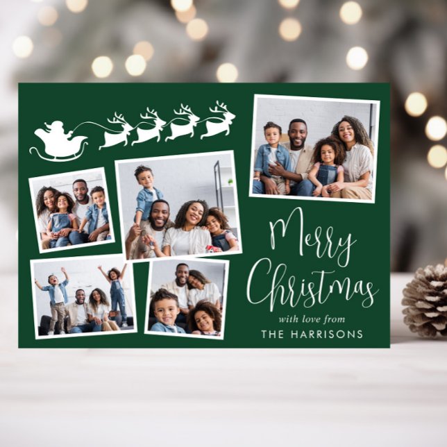 Cartão De Festividades Feliz Natal 5 Papais noeis Fotográficos Sleigh Gre (Share the love and warmth of the holiday season with this personalized photo Christmas card)