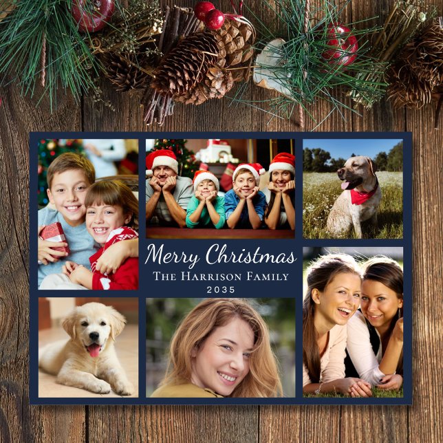 Cartão De Festividades Feliz Natal 6 Azul de Colagem de Fotos (This holiday season, let your family's smiles and heartwarming memories shine on our 6 photo card)