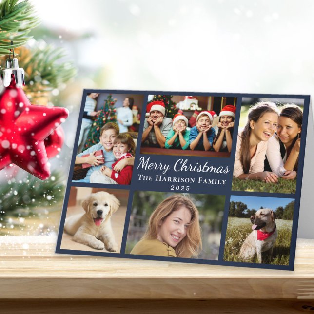 Cartão De Festividades Feliz Natal 6 Azul de Colagem de Fotos (This holiday season, let your family's smiles and heartwarming memories shine on our 6 photo card)