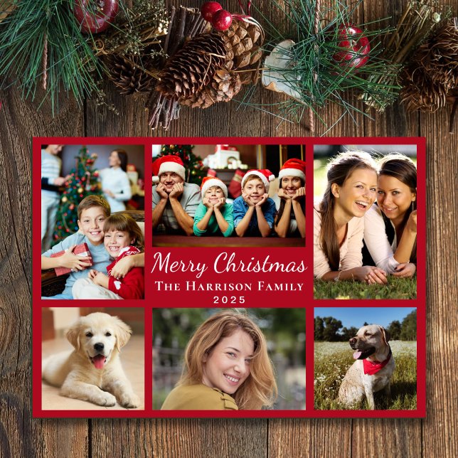 Cartão De Festividades Feliz Natal 6 Foto Collage Red (This holiday season, let your family's smiles and heartwarming memories shine on our 6 photo card)