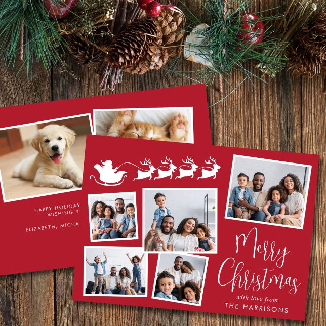Cartão De Festividades Feliz Natal 7 Papais noeis de imagens Sleigh (Share the love and warmth of the holiday season with this personalized photo Christmas card)