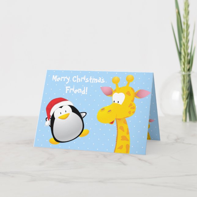 Cartão De Festividades Feliz Natal Amigo Cute Penguin e Giraffe (Frente)
