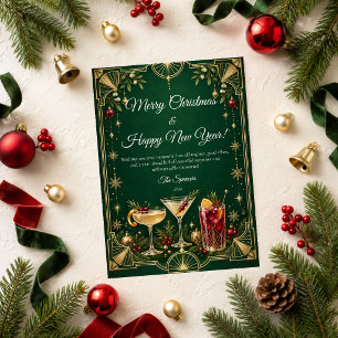 Cartão De Festividades Feliz Natal Ano Novo Art Déco Esmeralda