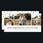 Cartão De Festividades Feliz Natal Ano Novo Coloração Colorida 3 Fotograf<br><div class="desc">Este design de na moda apresenta uma colagem de 3 fotos com uma saudação moderna,  escrita à mão,  em cores brilhantes que o pop. Vem com um padrão de queda de neve balbuciosa nas costas para combinar.</div>