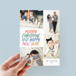 Cartão De Festividades Feliz Natal Ano Novo Coloração de 4 Fotografias<br><div class="desc">Este cartão festivo e multifoto de feriado apresenta o tipo escrito em cores brilhantes, com uma colagem de fotos mostrando 4 das suas fotos. O verso apresenta um padrão de ponto flutuante em cores correspondentes. Basta adicionar suas fotos e texto com alguns toques e cliques e você está pronto. Para...</div>