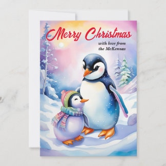 Cartão De Festividades Feliz Natal Ano Novo Pinguins de Aquarela