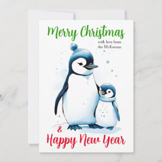 Cartão De Festividades Feliz Natal Ano Novo Pinguins de Aquarela