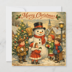 Cartão De Festividades Feliz Natal Antigos Crianças com Boneco de Neve