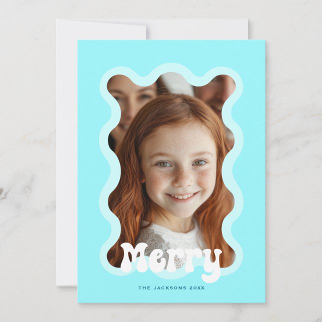 Cartão De Festividades Feliz Natal Aqua Scallop Wave Holiday Design (Frente)