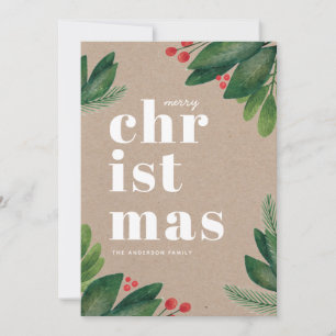 Cartão De Festividades Feliz Natal. Aquarela botânica de inverno