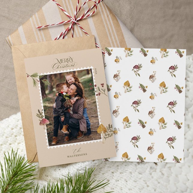 Cartão De Festividades Feliz Natal Aquarela Cogumelos Woodsy Foto (Merry Christmas Watercolor Woodsy Mushrooms Photo Holiday Card)