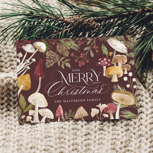 Cartão De Festividades Feliz Natal Aquarela Cogumelos Woodsy Foto (Merry Christmas Watercolor Woodsy Mushrooms Photo Holiday Card (Front))