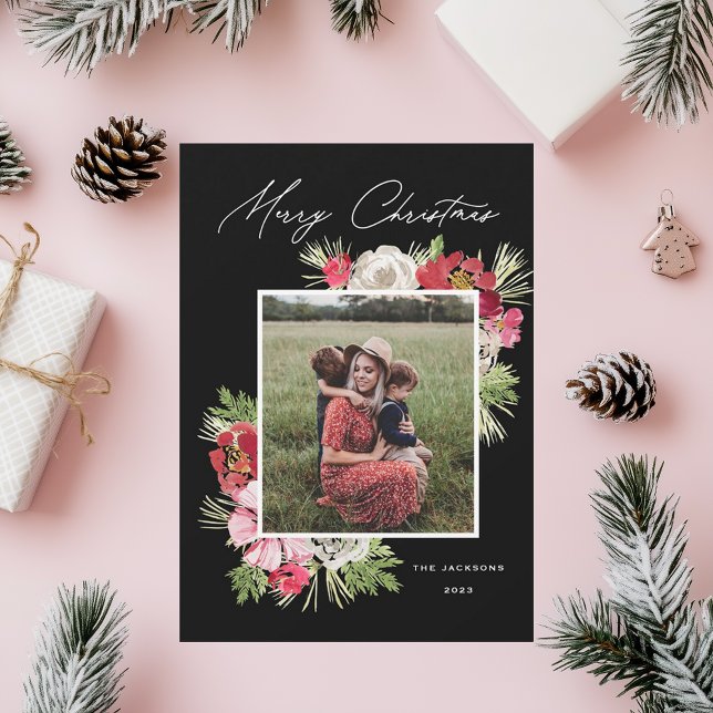 Cartão De Festividades Feliz Natal Aquarela Flor Preto (Criador carregado)