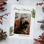 Cartão De Festividades Feliz Natal. Aquarela Foto floral de inverno<br><div class="desc">cartão com fotos "Feliz Natal" com pinheiro de aquarela e botânico floral para o feriado de inverno. Entre em contato comigo se precisar de itens adicionais.</div>