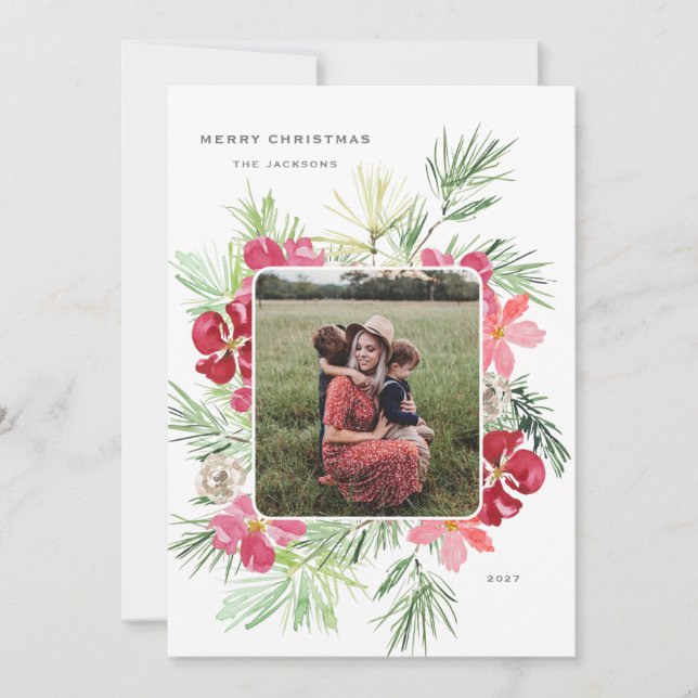 Cartão De Festividades Feliz Natal Aquarela Inverno Ferro Botânico (Frente)