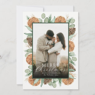 Cartão De Festividades Feliz Natal Aquarela Laranja Seca Botânica