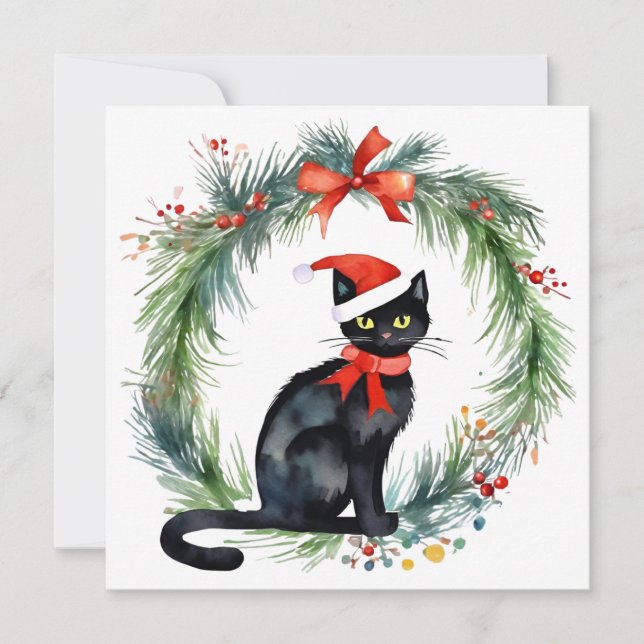 Cartão De Festividades Feliz Natal Aquarela Negra Gato e Ferro (Frente)