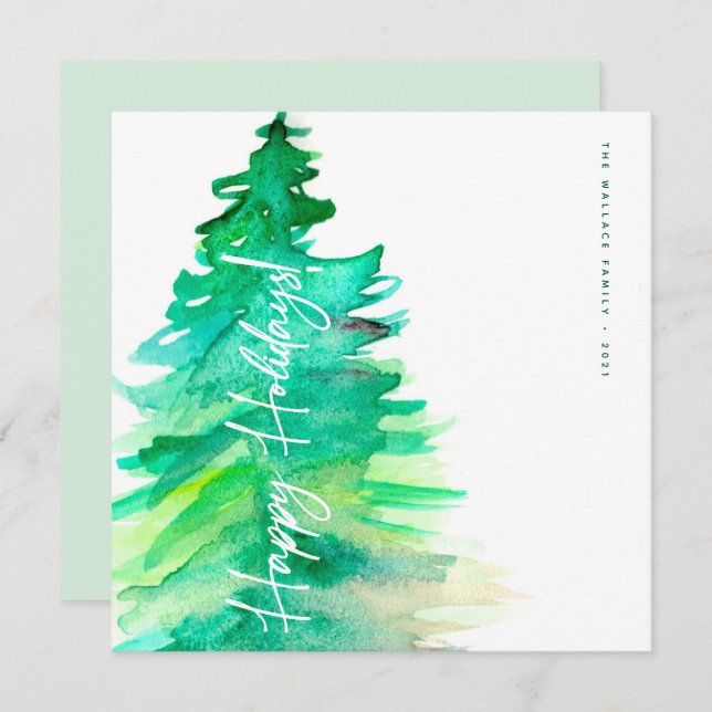Cartão De Festividades Feliz Natal Aquarela Palha Verde (Frente/Verso)