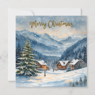 Cartão De Festividades Feliz Natal Aquarela Vila da Montanha 