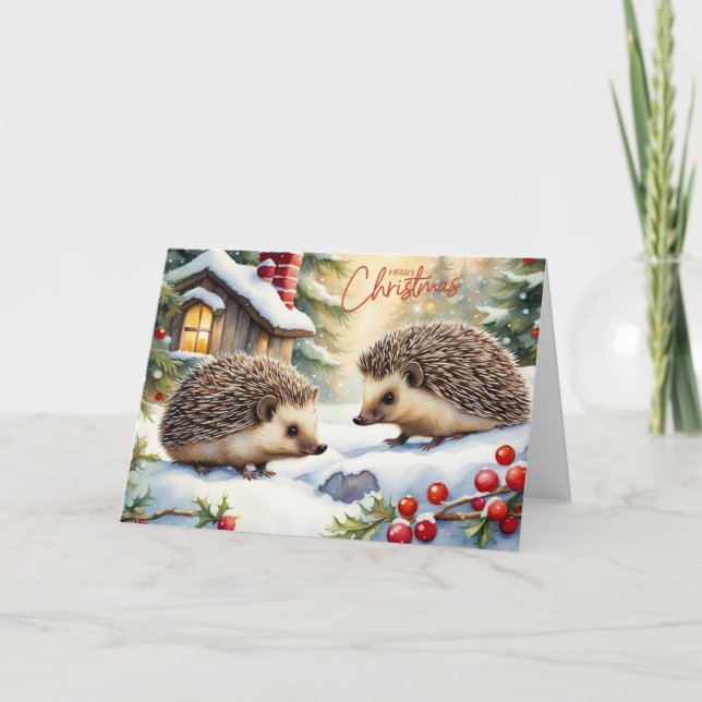 Cartão De Festividades Feliz Natal Aquarelas Hedgehogs na Floresta (Frente)