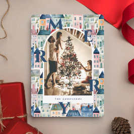 Cartão De Festividades Feliz Natal Arco de Casas Aquarela Azul Foto