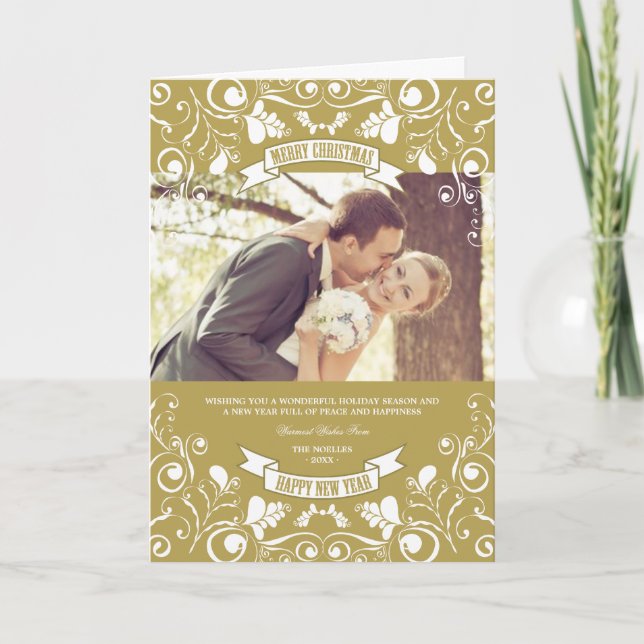 Cartão De Festividades Feliz Natal Art Nouveau Foto Floral Flourish (Frente)