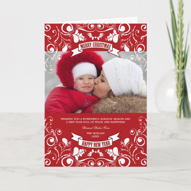 Cartão De Festividades Feliz Natal Art Nouveau Foto Floral Flourish (Frente)