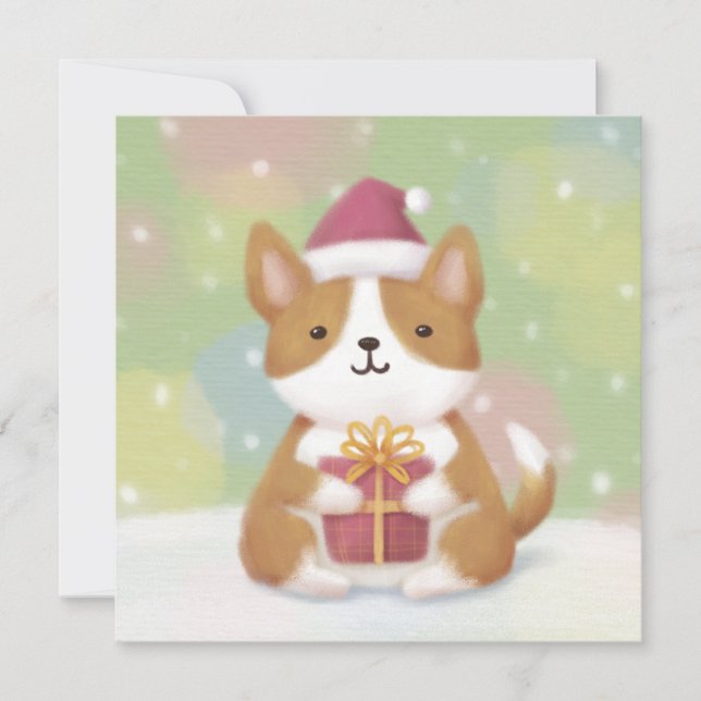 Cartão De Festividades Feliz Natal: Arte de Ilustração de Corgi (Frente)