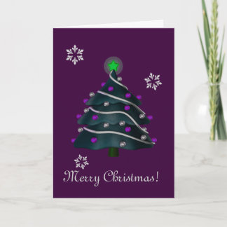 Cartão De Festividades "Feliz Natal!" - Árvore com Prata e Decoração Roxo