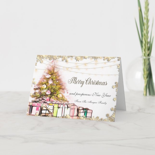 Cartão De Festividades Feliz Natal,Árvore de Natal,Presentes,Luzes (Frente)