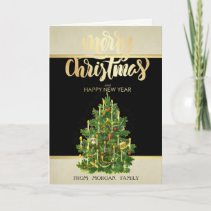 Cartão De Festividades Feliz Natal, Árvore de Natal Vintage Estrelas Dour