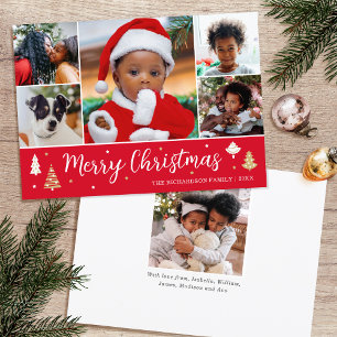 Cartão De Festividades Feliz Natal Árvore Foto Collage Red Flat