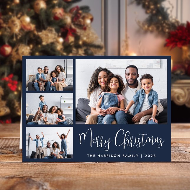 Cartão De Festividades Feliz Natal Azul 4 Foto (Share the love and warmth of the season with a personalized 4 photo Christmas card)