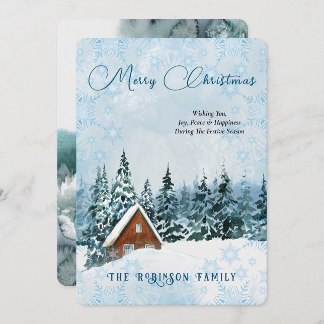 Cartão De Festividades Feliz Natal Azul Aquarela (Frente/Verso)