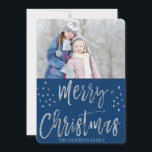 Cartão De Festividades Feliz Natal Azul e Silver Foto das Estrelas de Fol<br><div class="desc">Feliz Cartão com fotos de Azul de Natal e Silver Foil Stars. A imagem e o nome da família podem ser substituídos no Cartão de Natal de Feliz Natal azul e prateado.</div>