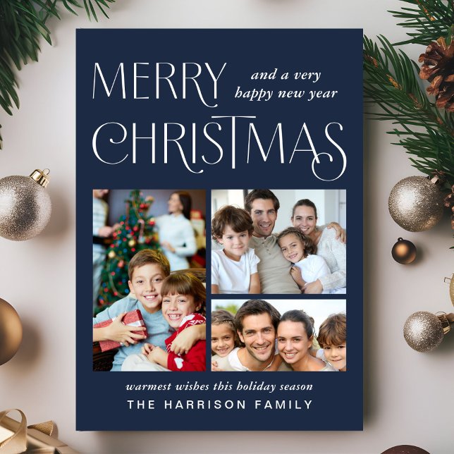 Cartão De Festividades Feliz Natal - Azul Fotográfico 3 (This holiday season, let your family's smiles and heartwarming memories shine on our 3 photo card)