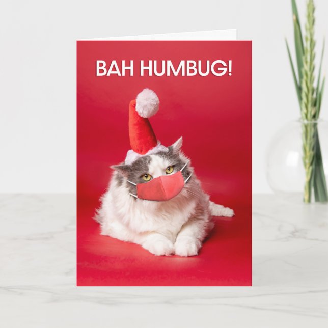Cartão De Festividades Feliz Natal Bah Humbug Cat no Rosto Mask (Frente)