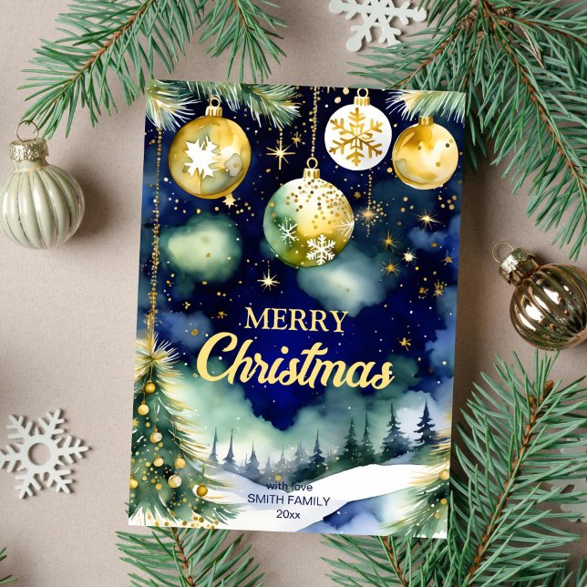 Cartão De Festividades Feliz Natal - Balas de ouro noturnas (Merry Christmas holiday greeting card template digital download watercolor gold baubles starry night)