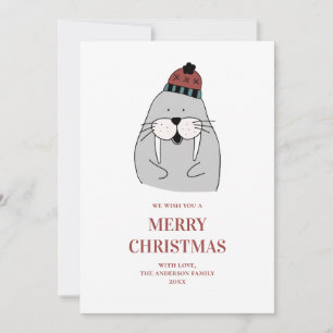 Cartão De Festividades Feliz Natal. Bela morsa de inverno. Animal engraç