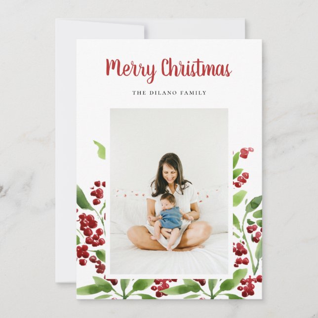 Cartão De Festividades Feliz Natal Berry Foto Botânica (Frente)
